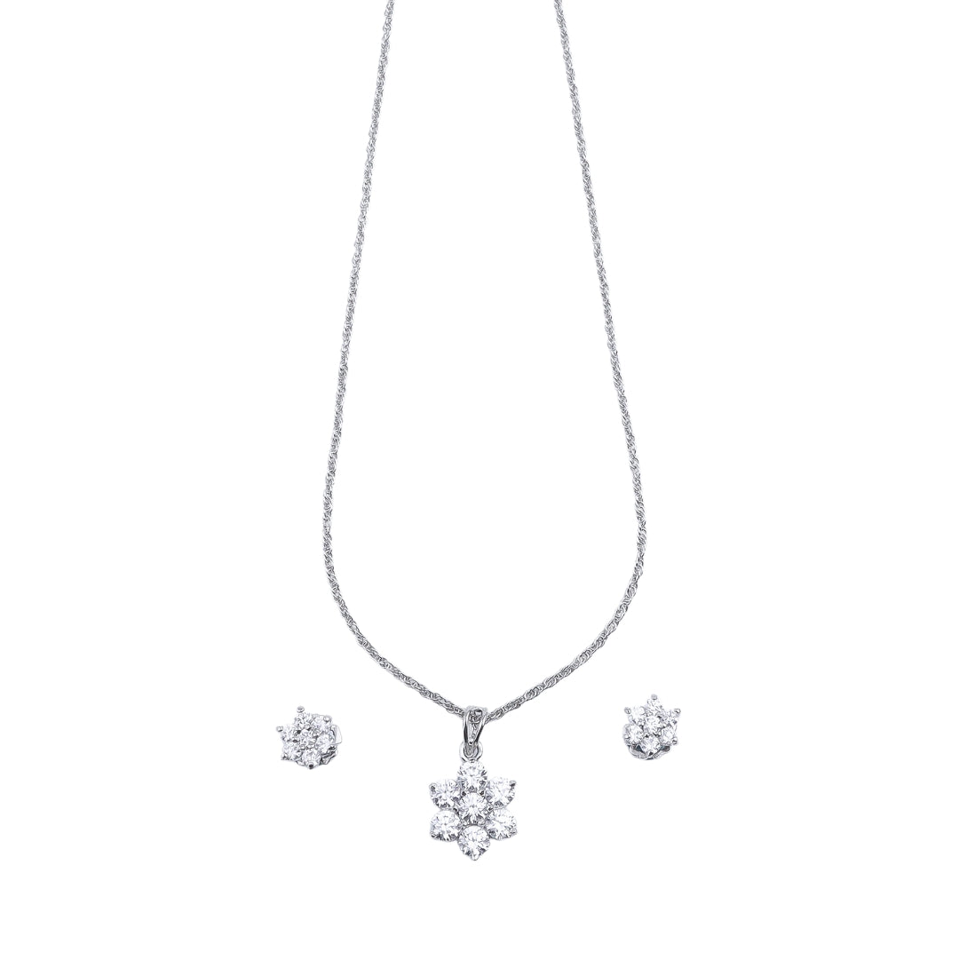 Silver CZ Flower Pendant Earring Set