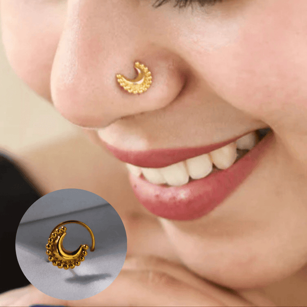 Gold crescent moon nose pin with beaded border