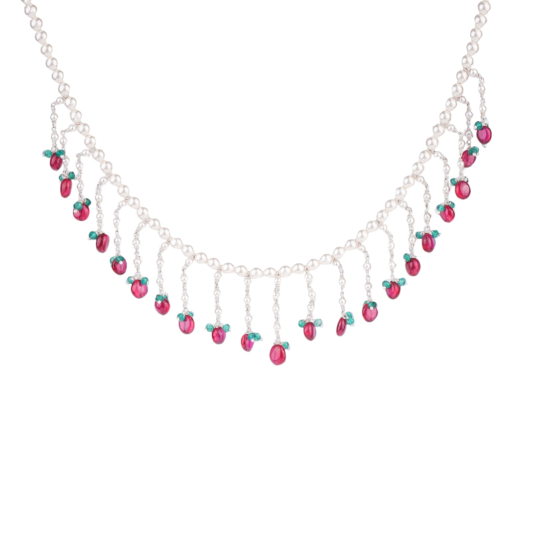 Luxe Necklace - Pearls, Ruby & Green Onyx