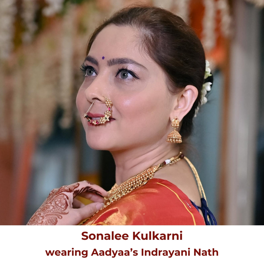 Sonalee Kulkarni wearing Aadyaa's Indrayani Nath jewelry