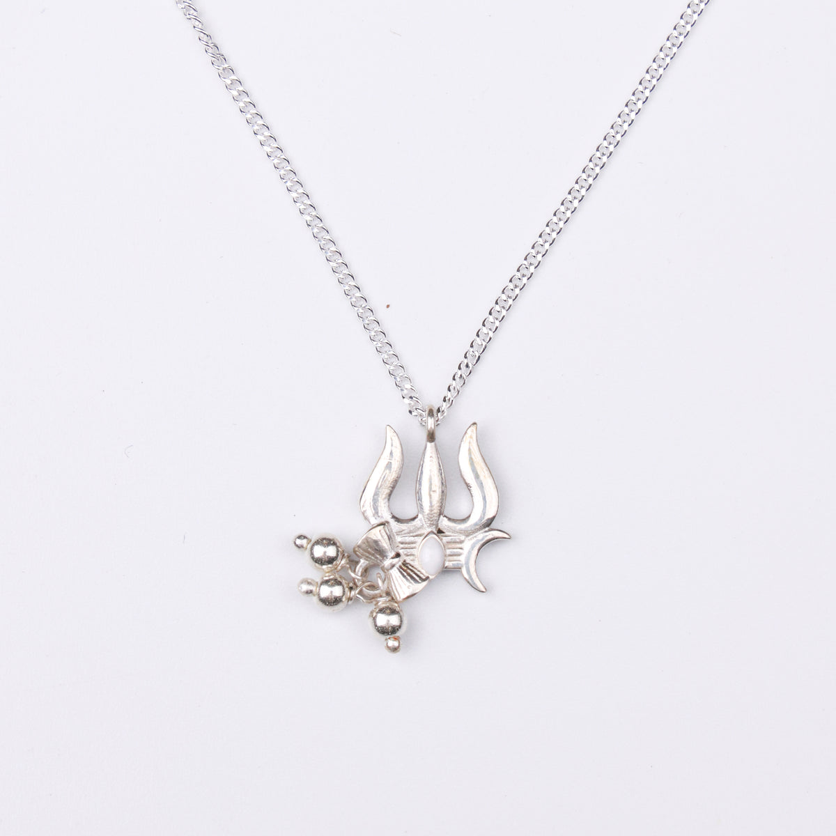 Silver Trishul, Damru And Crescent Moon Pendant Necklace
