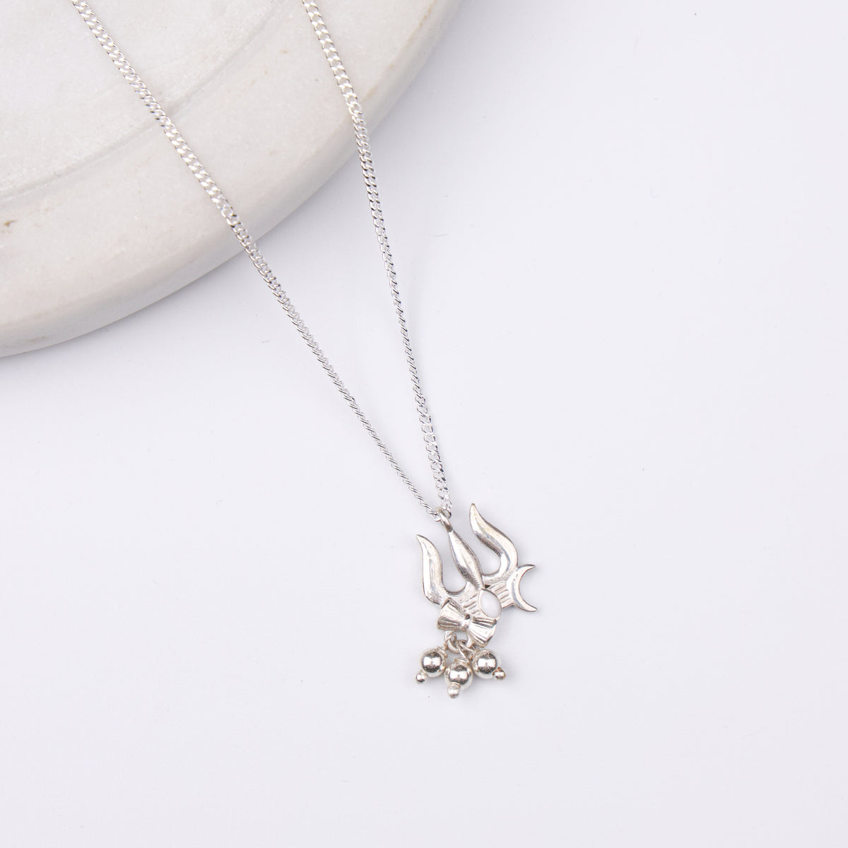 Silver Trishul, Damru And Crescent Moon Pendant Necklace