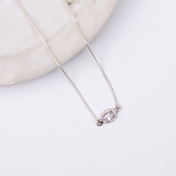 Silver CZ Oval Pendant Necklace