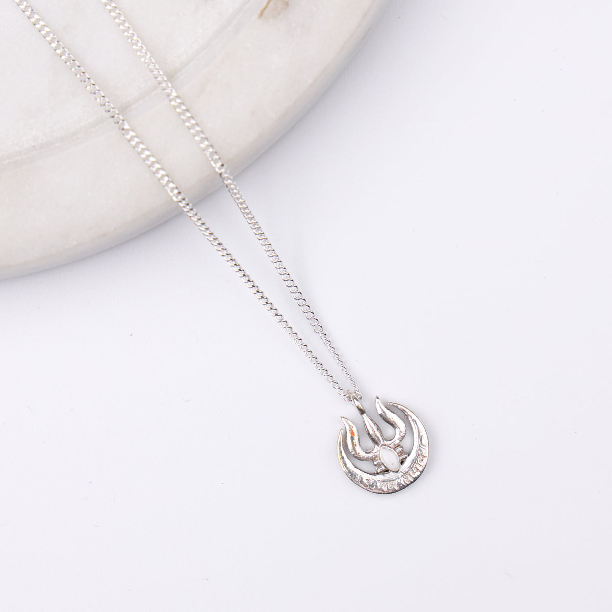 Silver Moon And Trishul Pendant Necklace