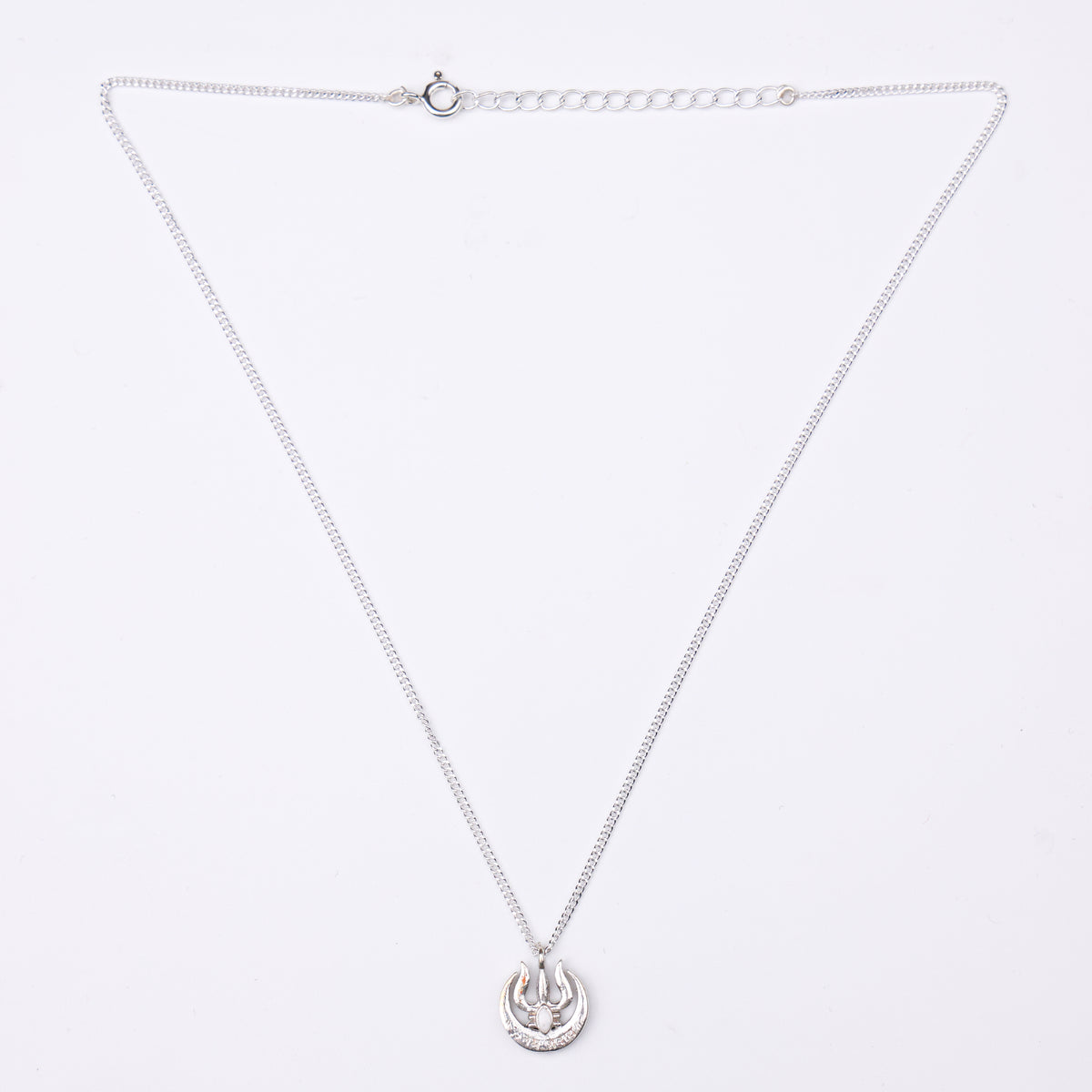 Silver Moon And Trishul Pendant Necklace