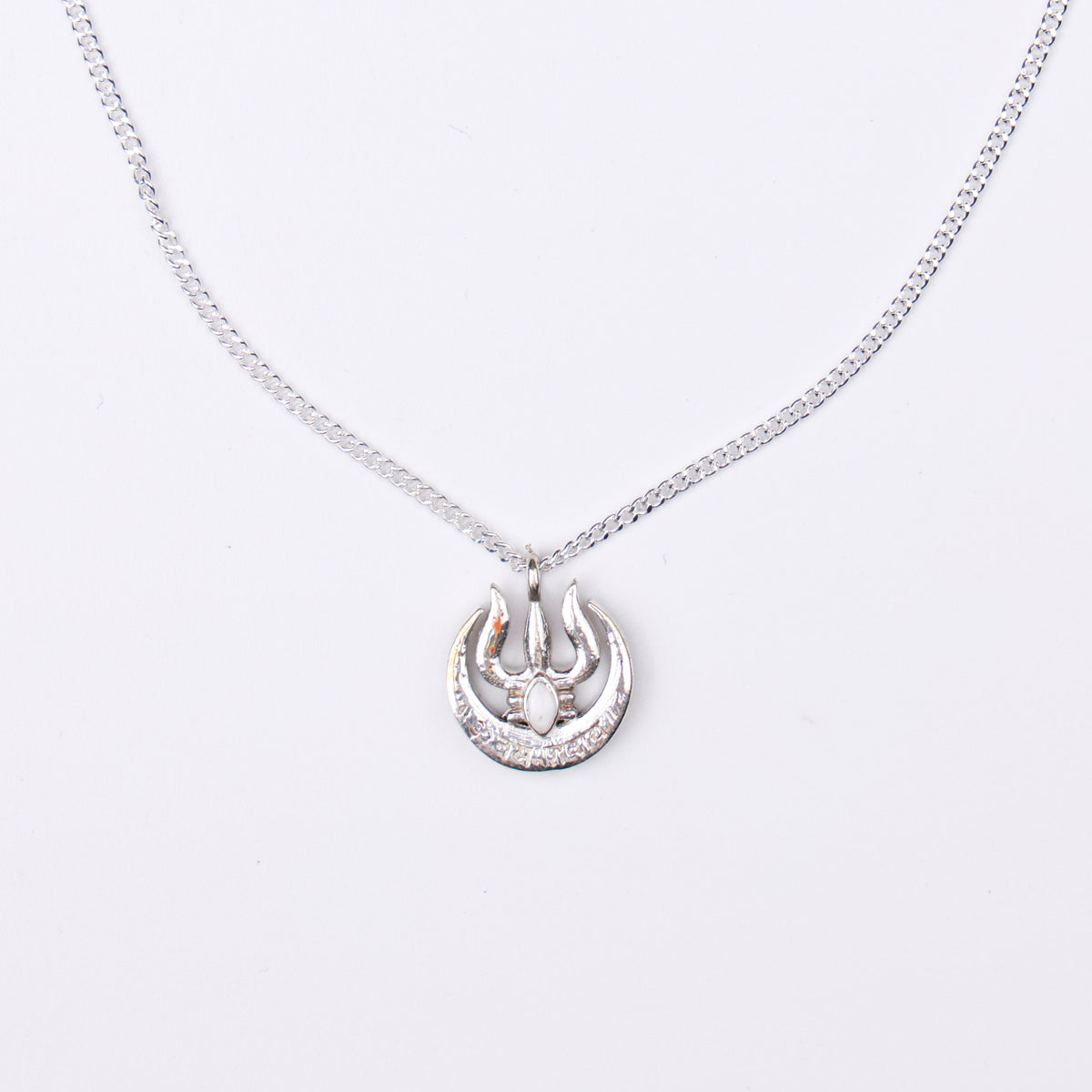 Silver Moon And Trishul Pendant Necklace