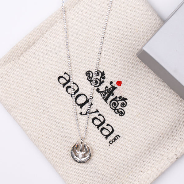 Silver Moon And Trishul Pendant Necklace