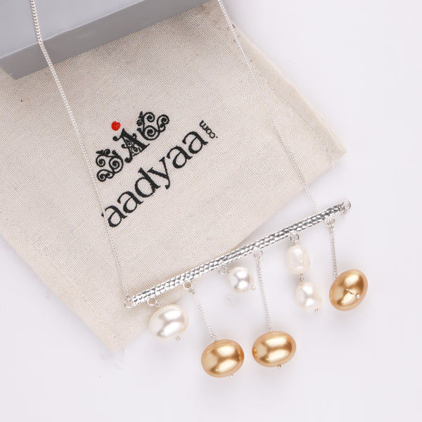 Abstract Pendant Necklace - White And Golden Pearls (Project Handmade)