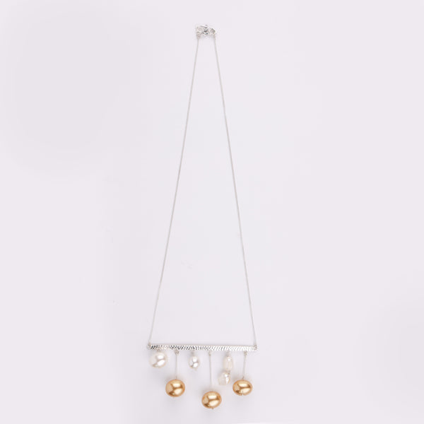 Abstract Pendant Necklace - White And Golden Pearls (Project Handmade)