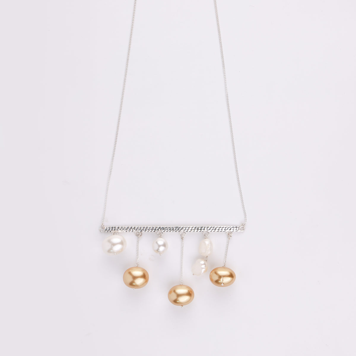 Abstract Pendant Necklace - White And Golden Pearls (Project Handmade)
