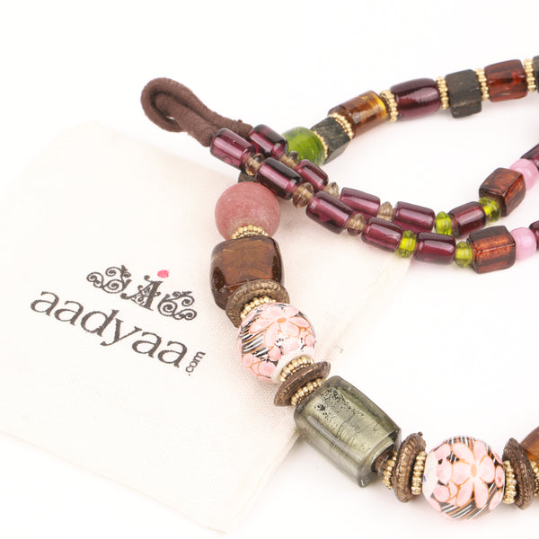 Long Necklace with Glass, Metal & Silver Oil Glass Beads