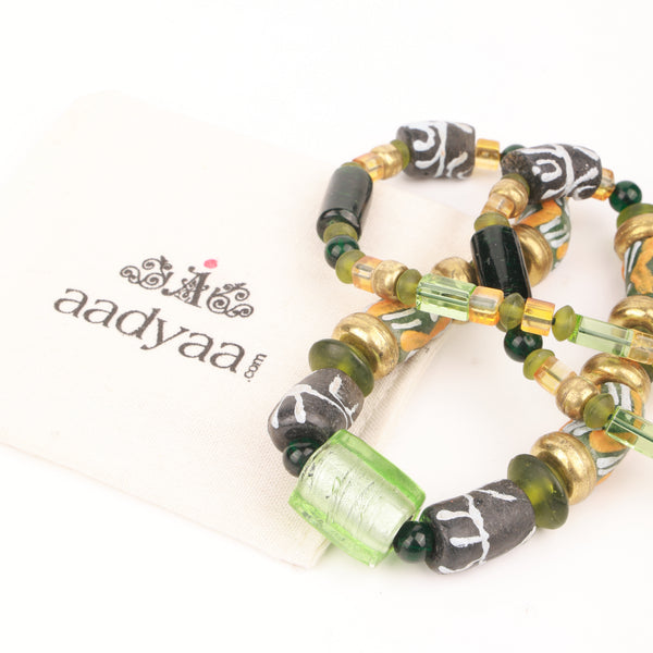 Long Necklace with Silver Foil Glass Bead with Brass, Glass & Hand Painted Ceramic Beads