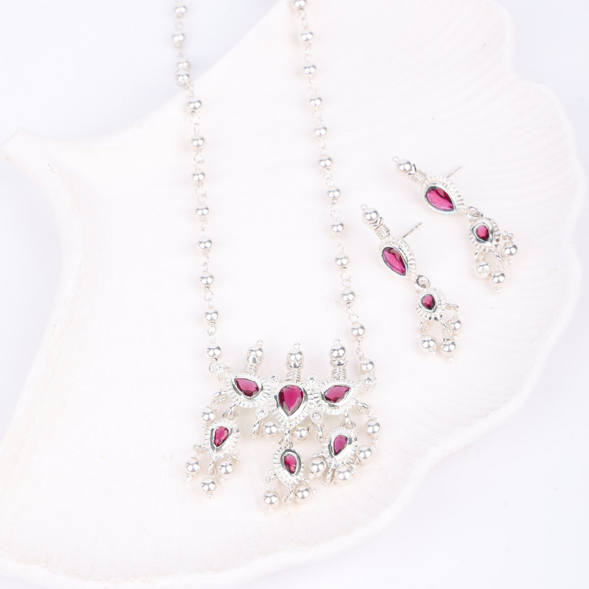 Silver Pink CZ Tanmani Set with Sarmanee