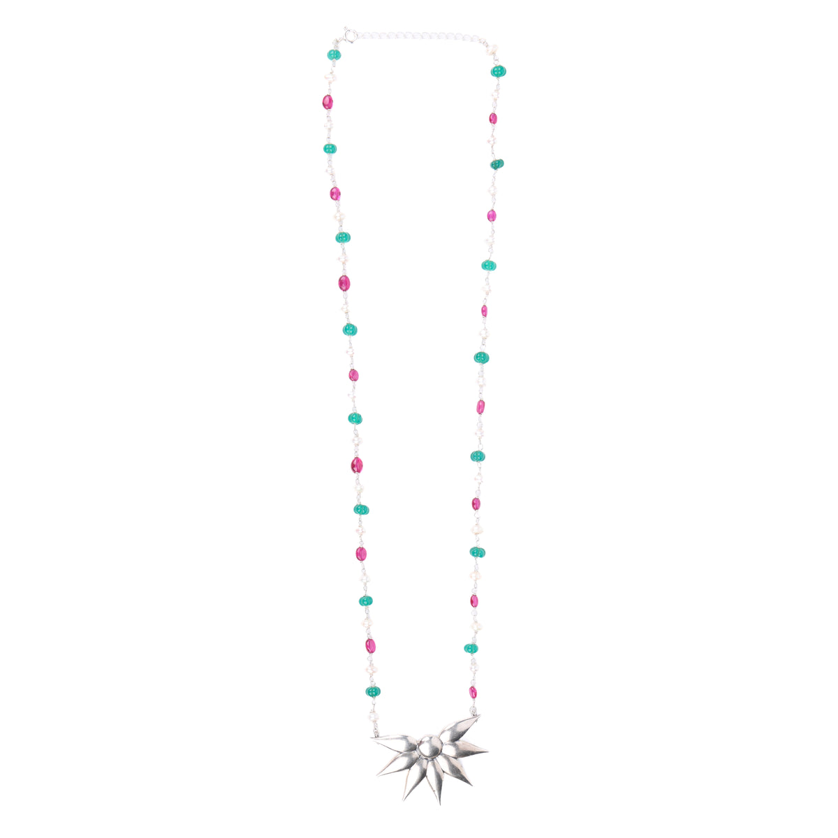 Silver Petal Pendant Necklace with Rubies, Green Onyx & Pearl Ganthan