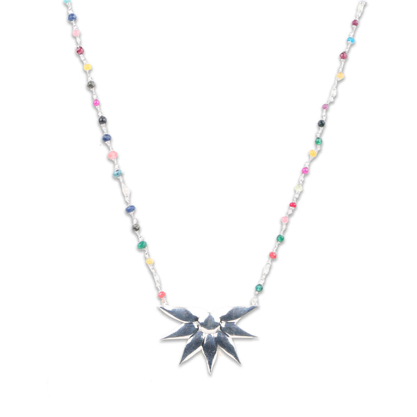 Silver Petal Pendant Necklace with Multicolour Stone Ganthan