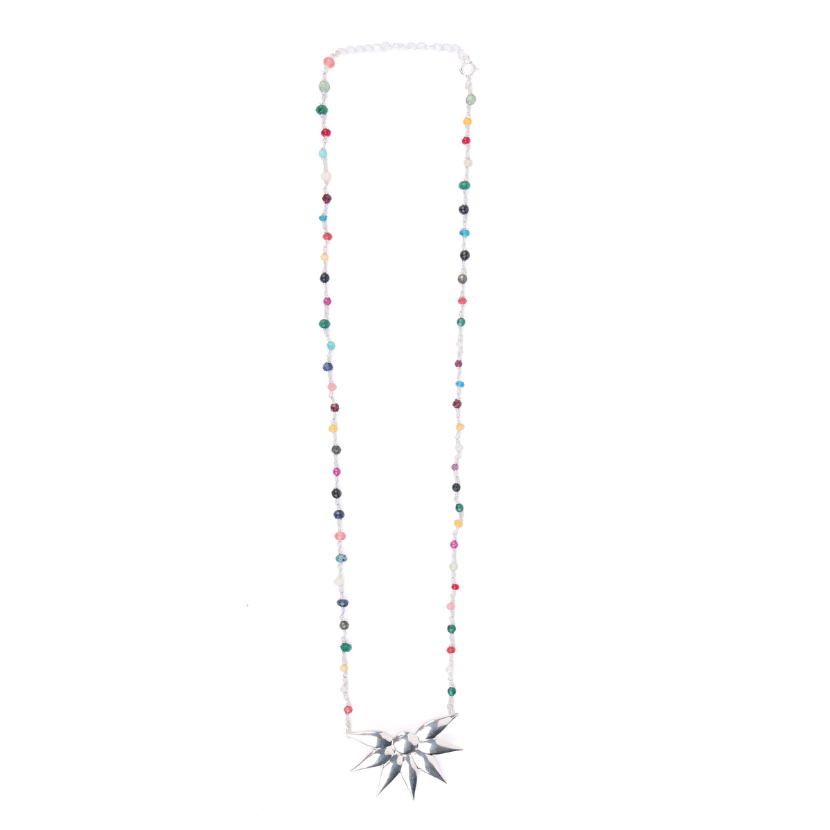 Silver Petal Pendant Necklace with Multicolour Stone Ganthan