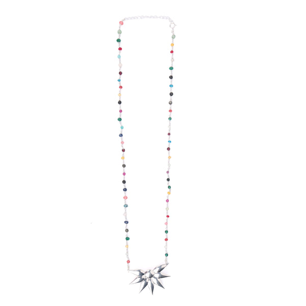 Silver Petal Pendant Necklace with Multicolour Stone Ganthan