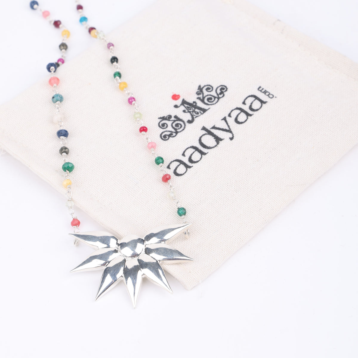 Silver Petal Pendant Necklace with Multicolour Stone Ganthan