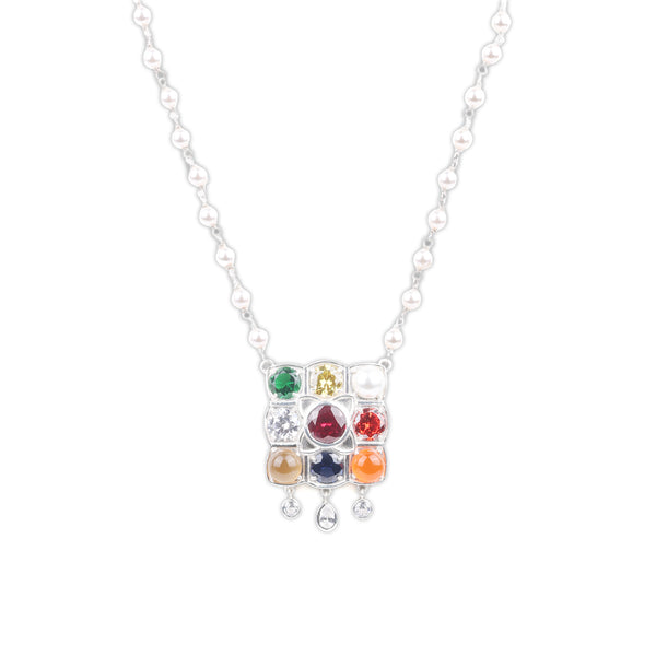 Silver Navratna Pendant with Pearl Ganthan