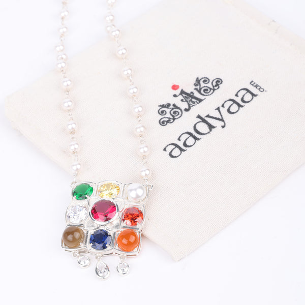 Silver Navratna Pendant with Pearl Ganthan