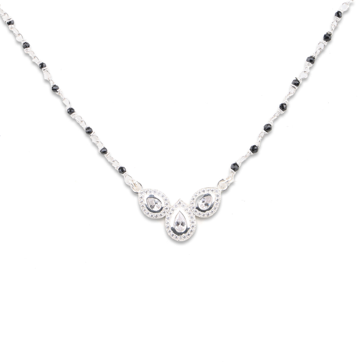 Silver CZ Petal Necklace with Black Spinel