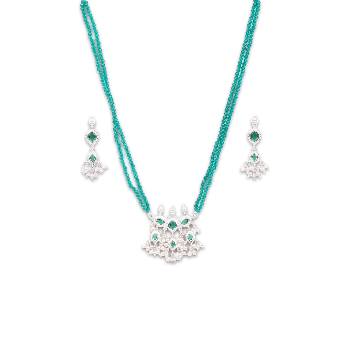 Silver Green CZ Tanmani Set with Green Onyx