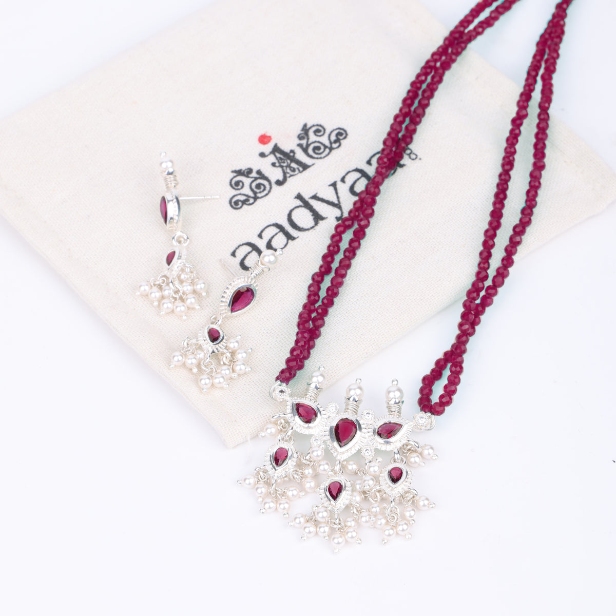 Silver Pink CZ Tanmani Set with Rubies