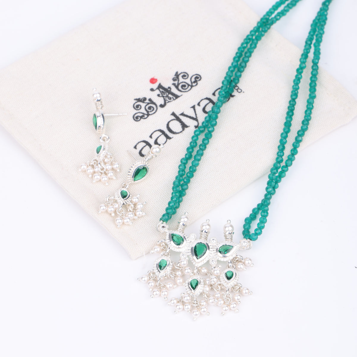Silver Green CZ Tanmani Set with Green Onyx