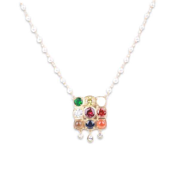 Navratna Pendant with Pearl Ganthan | 22K Gold-Plated