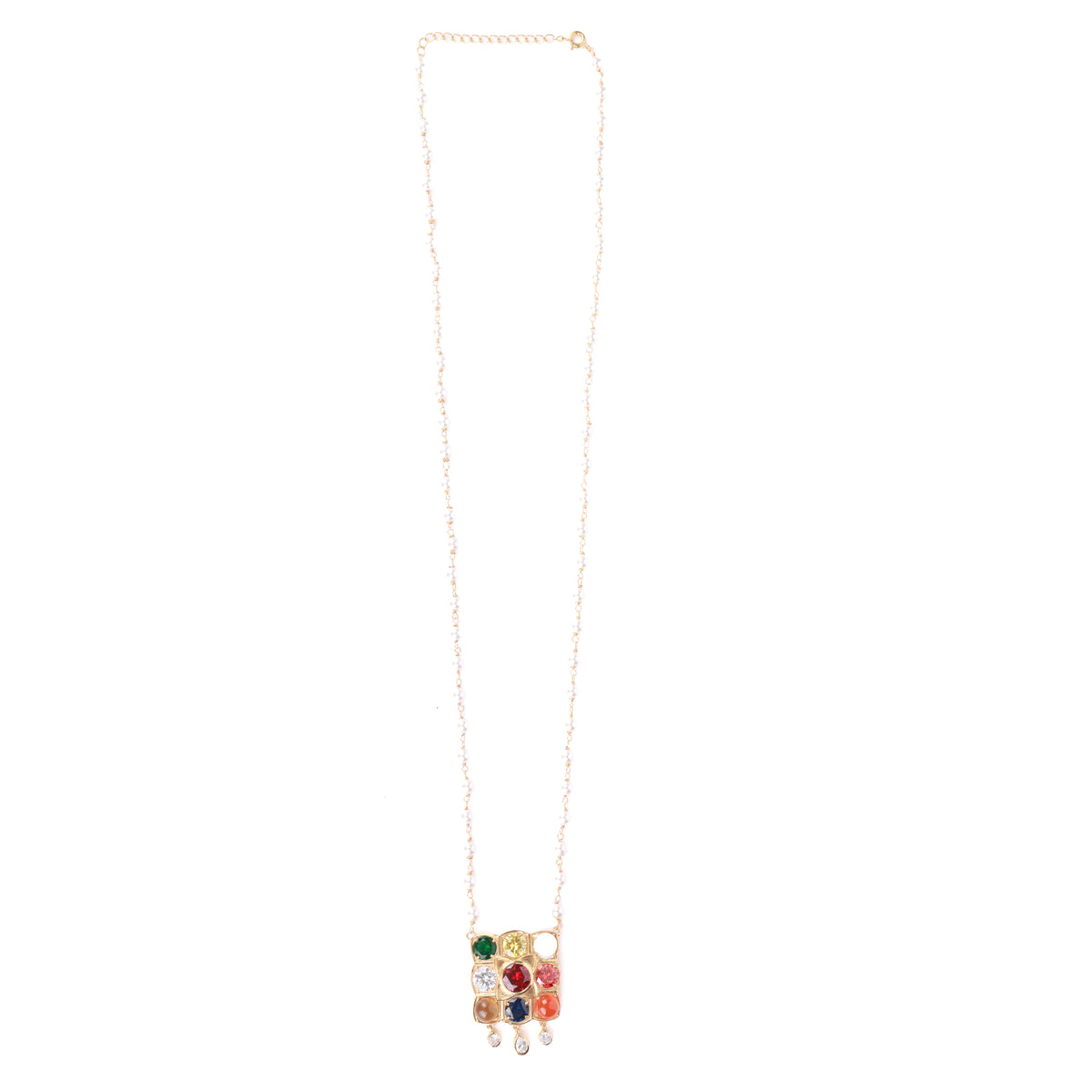 Navratna Pendant with Pearl Ganthan | 22K Gold-Plated