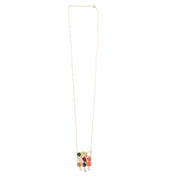 Navratna Pendant with Pearl Ganthan | 22K Gold-Plated