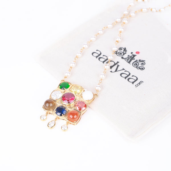 Navratna Pendant with Pearl Ganthan | 22K Gold-Plated