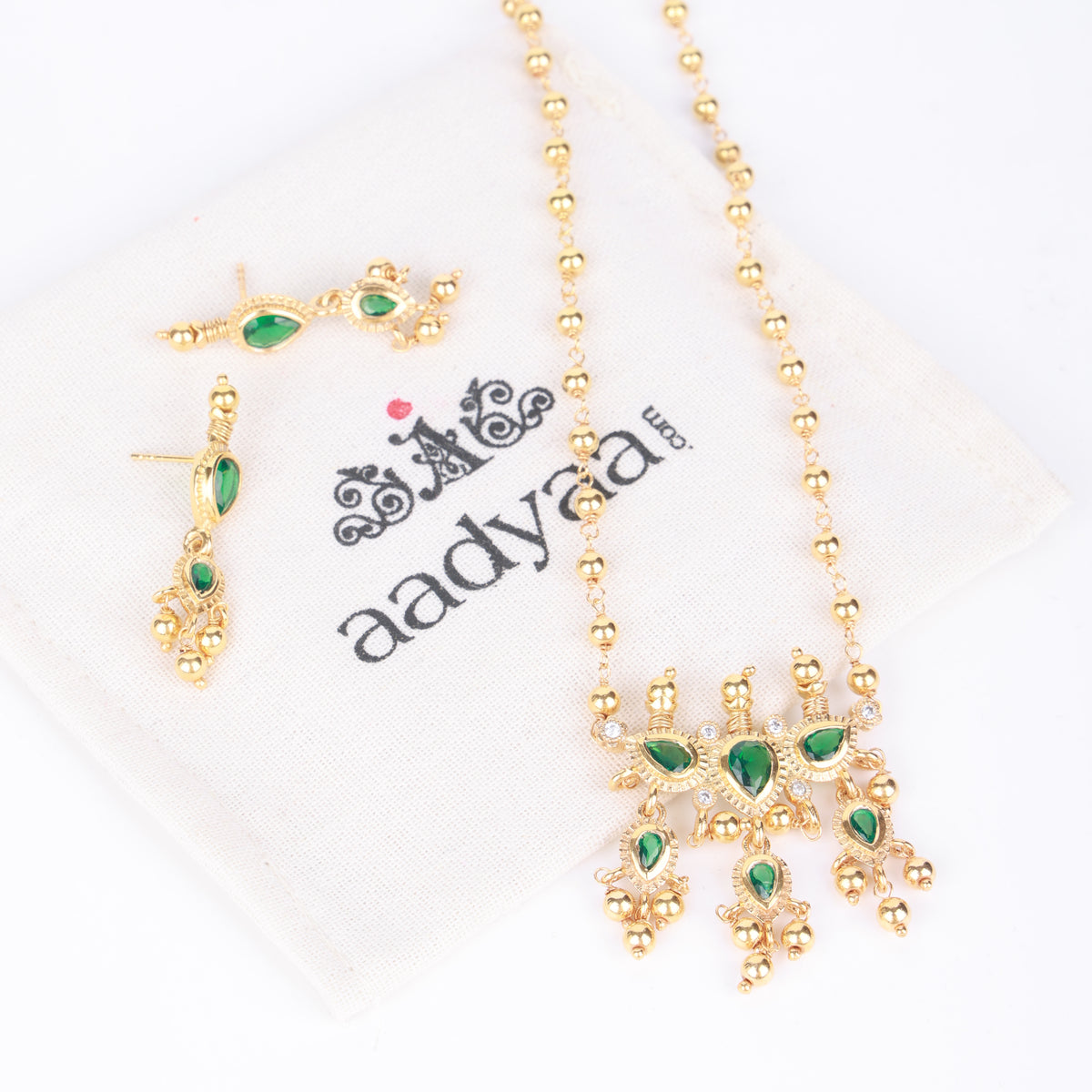 Green CZ Tanmani Set with Sarmanee | 22K Gold-Plated