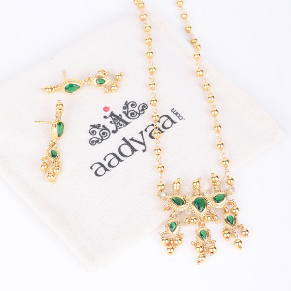 Green CZ Tanmani Set with Sarmanee | 22K Gold-Plated