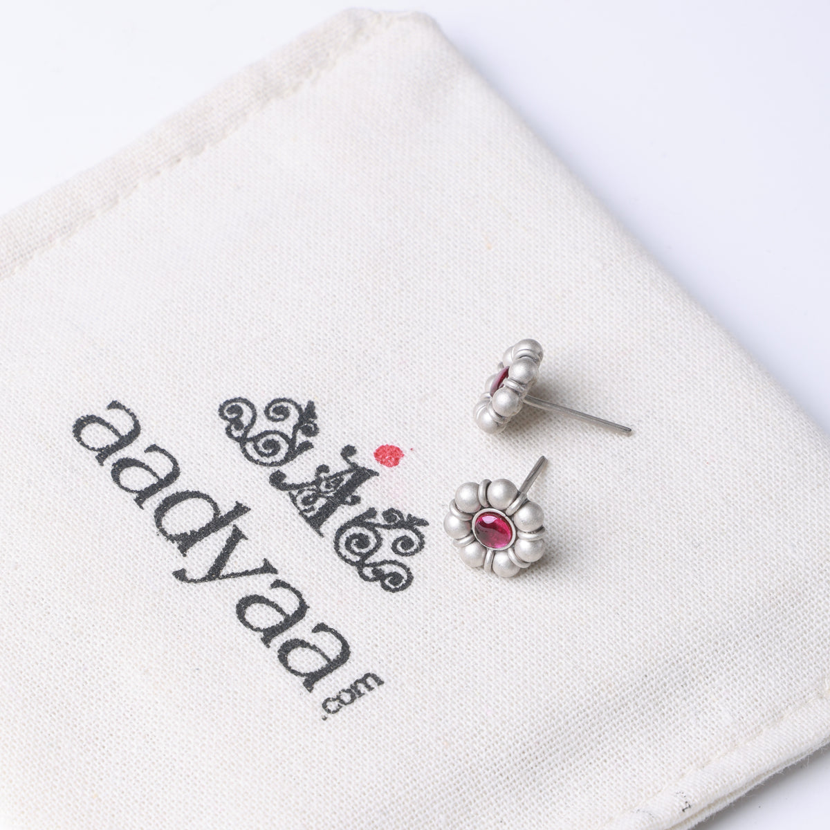 Oxidised Silver Pink Flower Stud Earrings