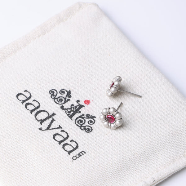 Oxidised Silver Pink Flower Stud Earrings