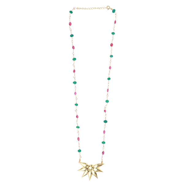 Petal Pendant Necklace with Rubies, Green Onyx & Pearl Ganthan | 22K Gold-Plated