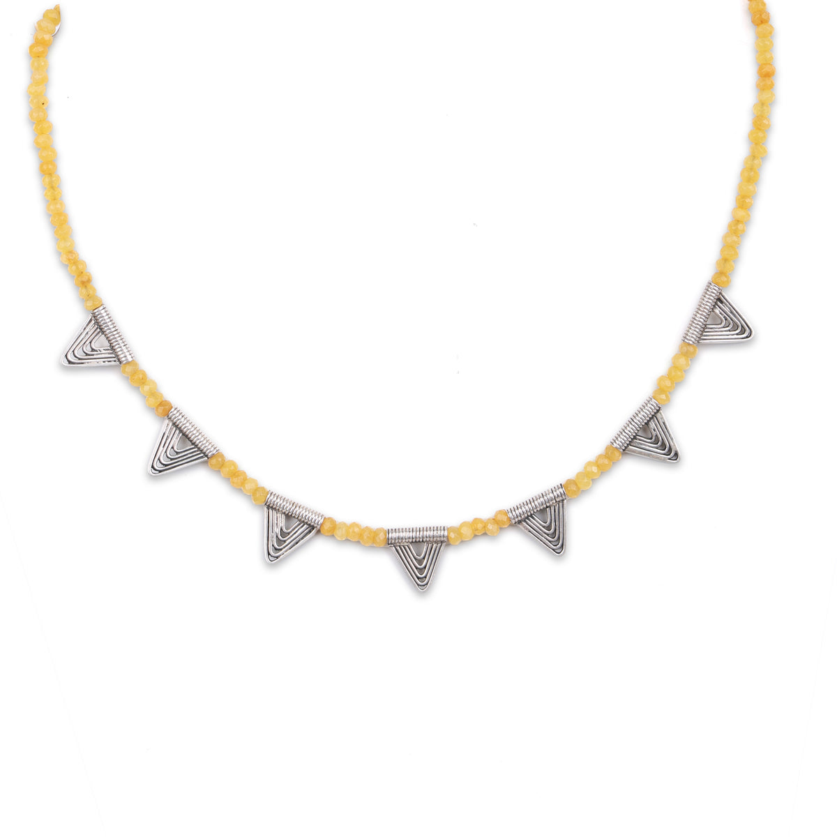 Silver Triangle Charm Necklace with Yellow Jade