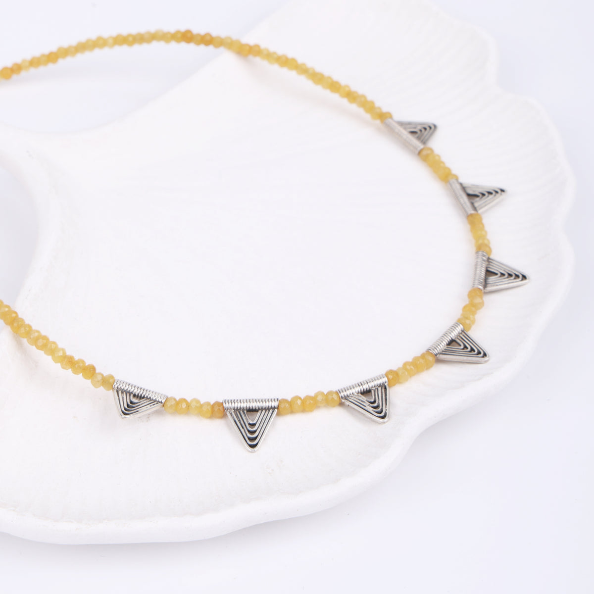Silver Triangle Charm Necklace with Yellow Jade