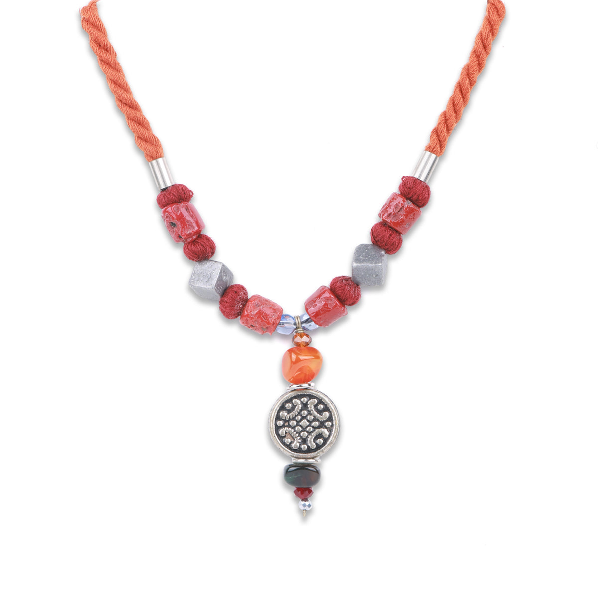 German Silver Choker Necklace with Coral & Orange Beads