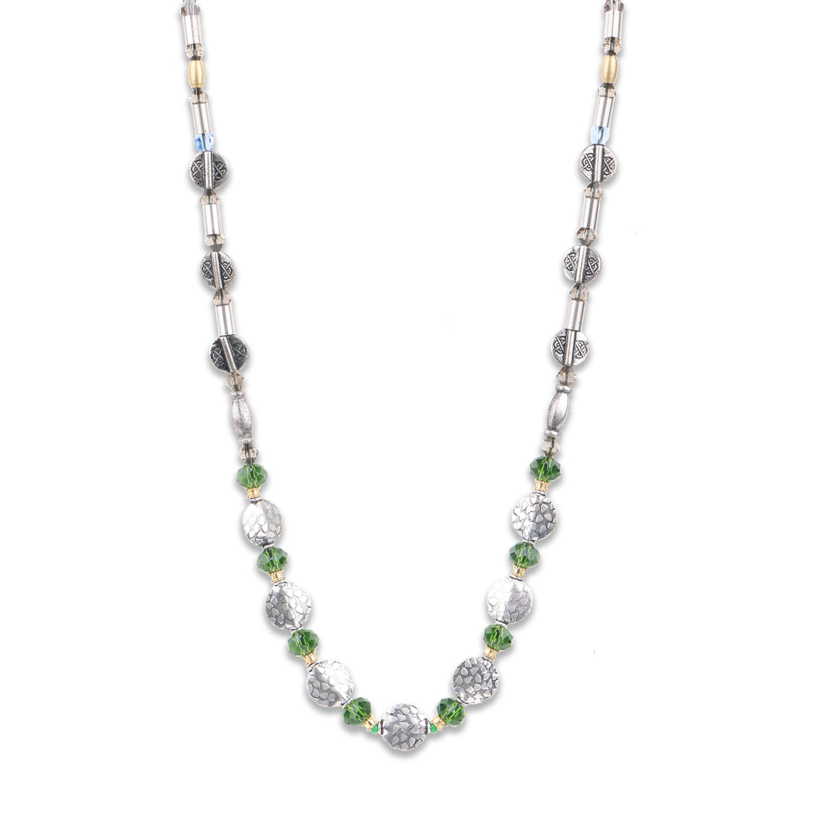 German Silver Necklace with Green & Blue Glass Beads