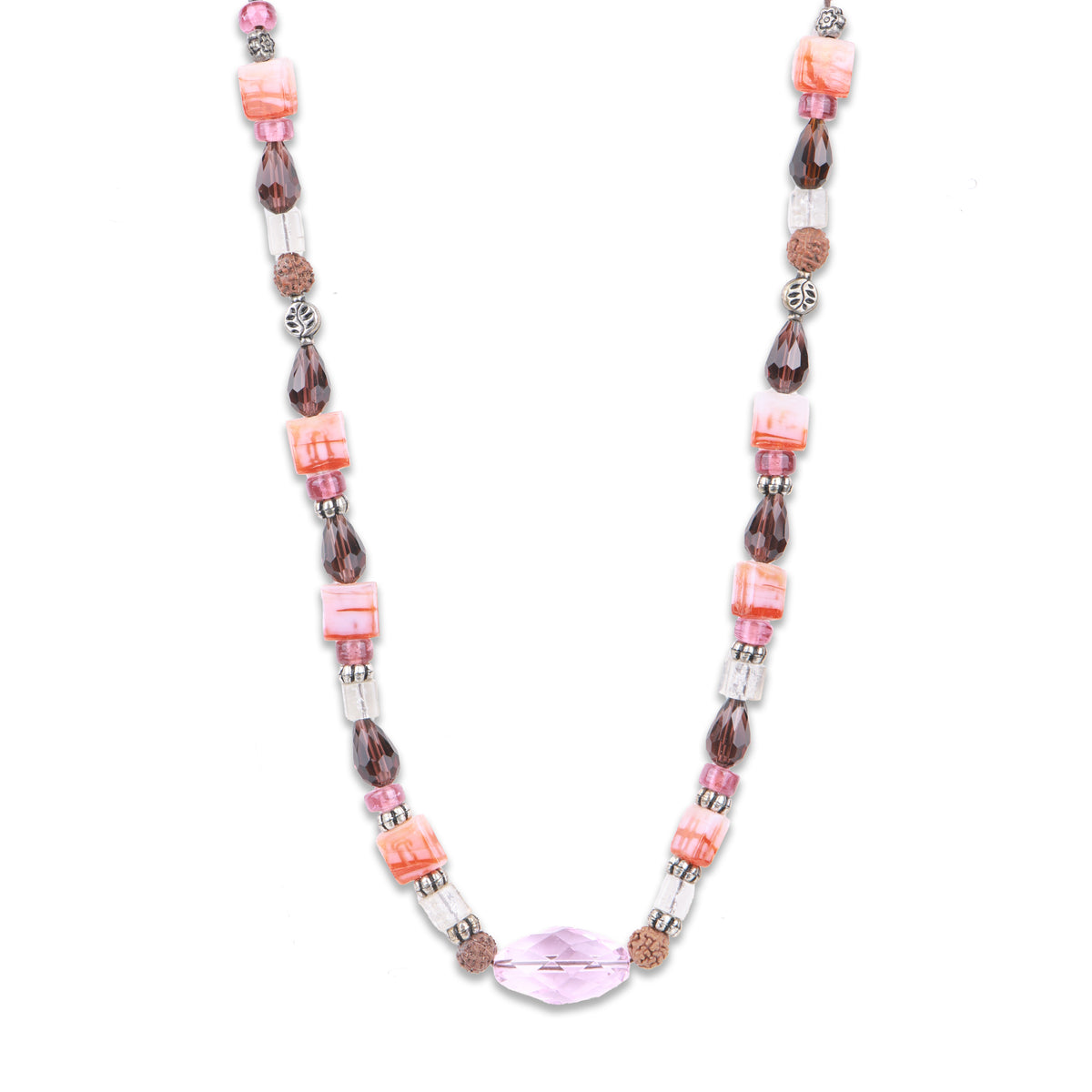 Pink Agate Necklace with Rudraksha & Glass Beads