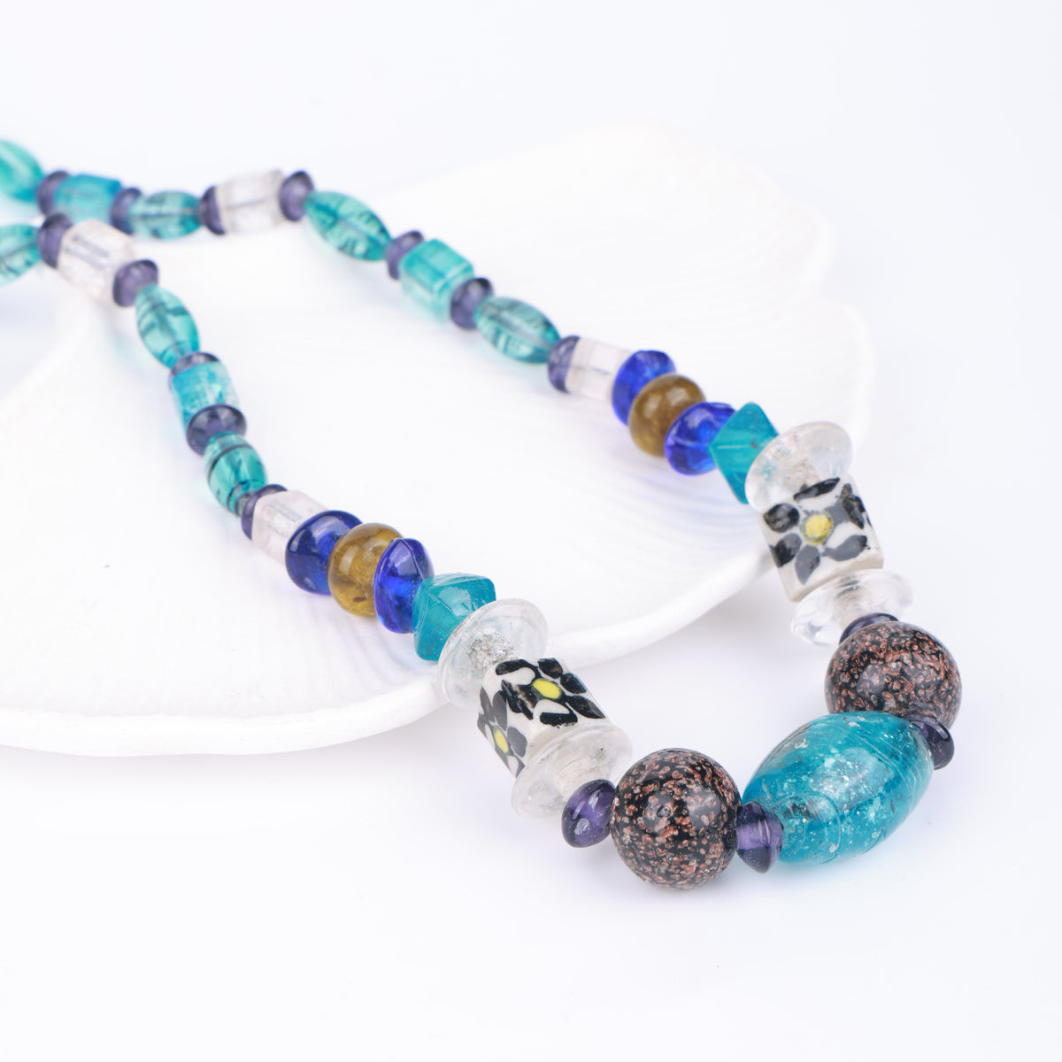 Sea Blue & Hand-Painted Multicolour Beaded Necklace
