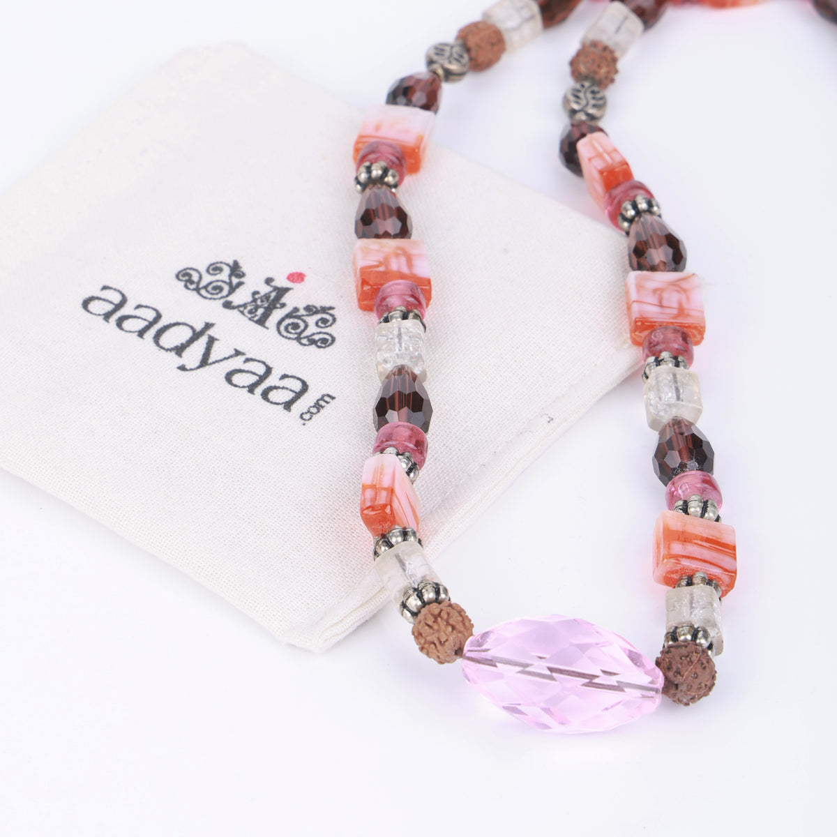 Pink Agate Necklace with Rudraksha & Glass Beads
