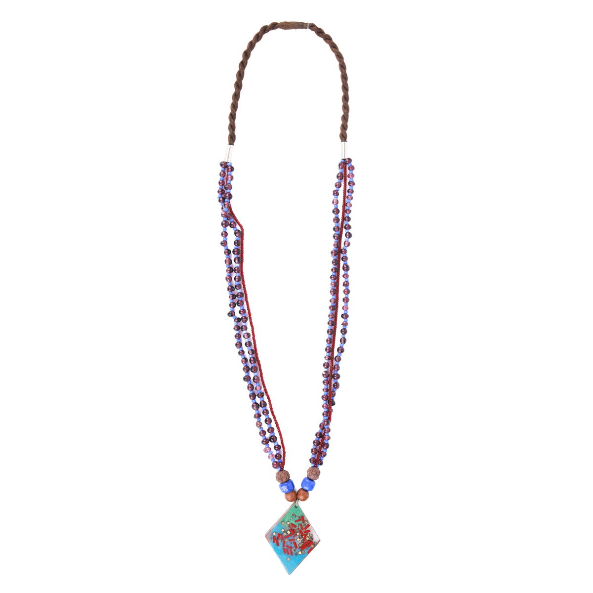 Resin Art Pendant Necklace with Blue & Maroon Glass Beads