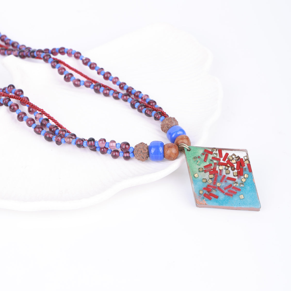 Resin Art Pendant Necklace with Blue & Maroon Glass Beads