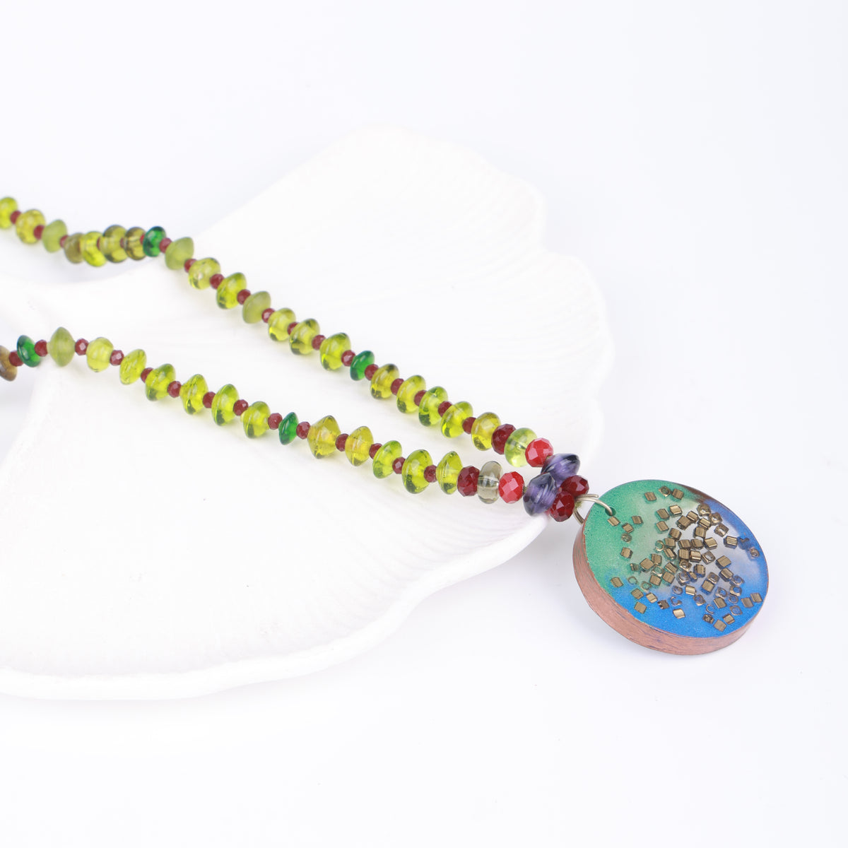 Resin Art Pendant Necklace with Green & Maroon Glass Beads