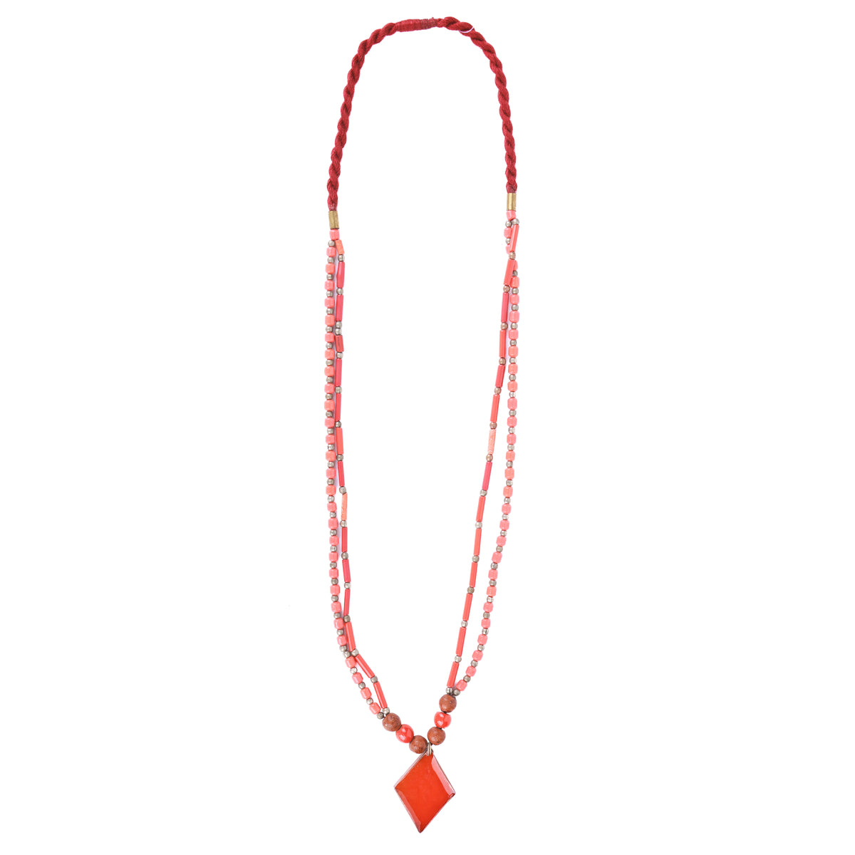Orange Resin Art Necklace with Coral & Wooden Beads