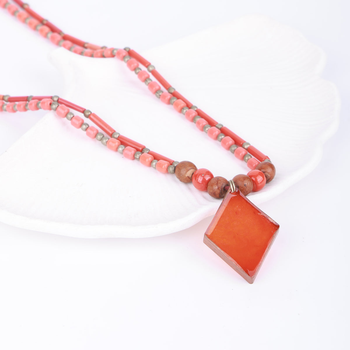 Orange Resin Art Necklace with Coral & Wooden Beads
