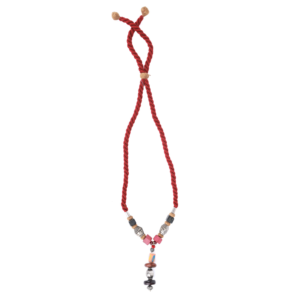 Maroon Dori Necklace with German Silver & Wooden Beads